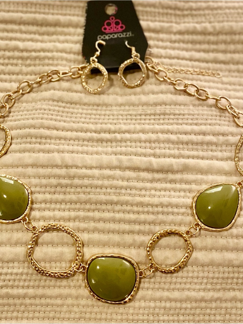 paparazzi Gold-Tone Necklace & Earring Set with Olive Green Stones